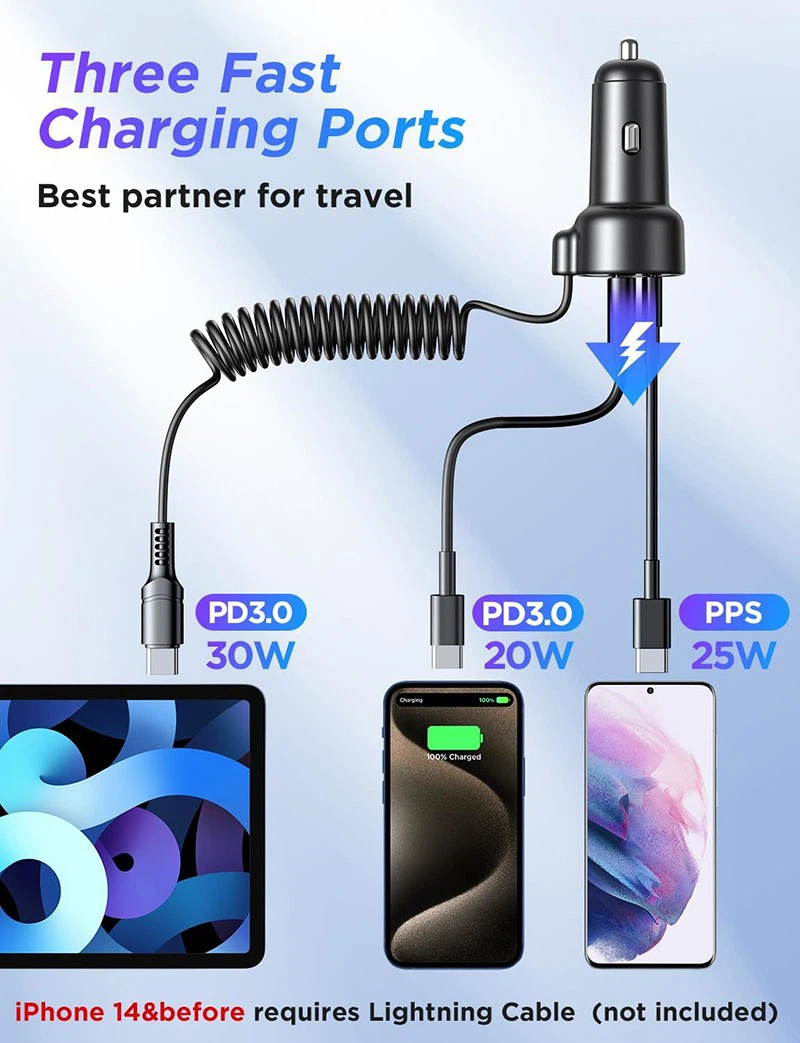 60W DC car charger with fadable cable